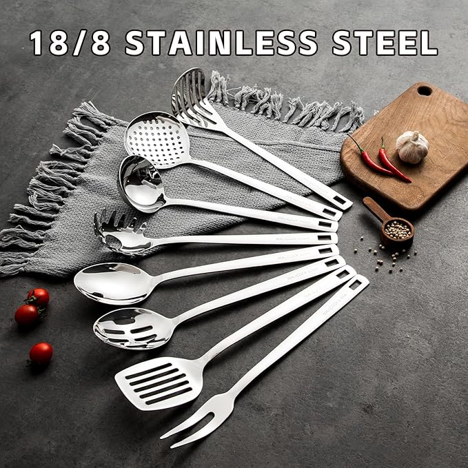 MAXCOOK 18/8 Stainless Steel Cooking Utensil set, 8 Pieces Metal Kitchen Utensils set, Slotted Spoon,Meat Fork,Ladle,Skimmer,Spatula,Spaghetti Server,Large Spoon,Masher (Dishwasher Safe, Silver)