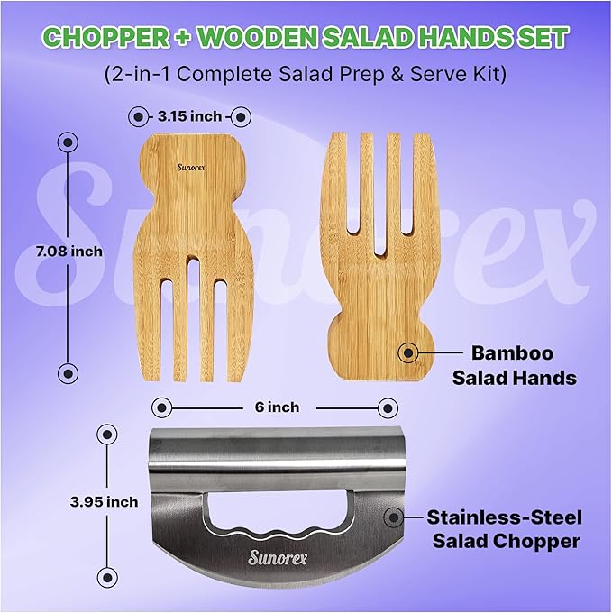 Sunorex 3-in-1 Stainless Steel Salad Chopper & 2 Wooden Hands Set – Double Blade Mezzaluna Chopper with Bamboo Servers Salad Prep Kit for Chopping, Tossing & Serving Vegetables, Fruits, and Salads