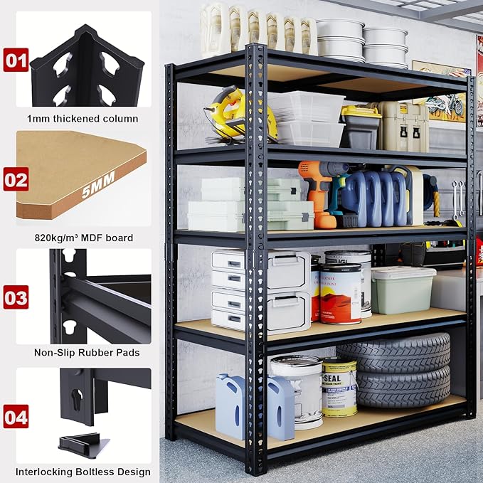 Garage Shelving Unit,40''W Black Storage Shelf,5 Tier Storage Racks and Shelving, Shelves Units Free Standing, Heavy Duty Metal Adjustable Shelves for Kitchen/Tool/Office (20''Dx40''Wx72''H)