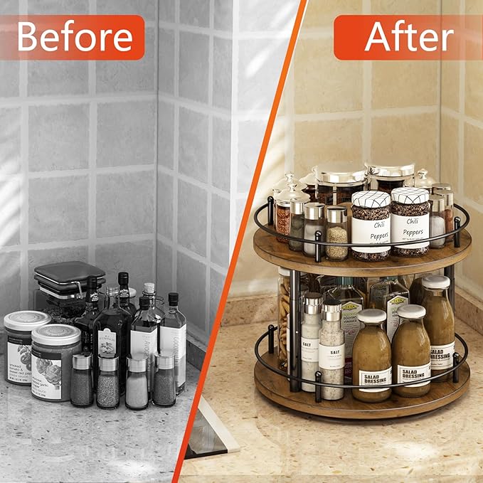 LIAISIMI 2 Tier Lazy Susan Organizer,2-Tier Spinning Spice Rack with Stable Carousel Base & 4 Height Settings for Cupboard Kitchen Countertop Dining Table Cupboard (Two-Ply(Round))