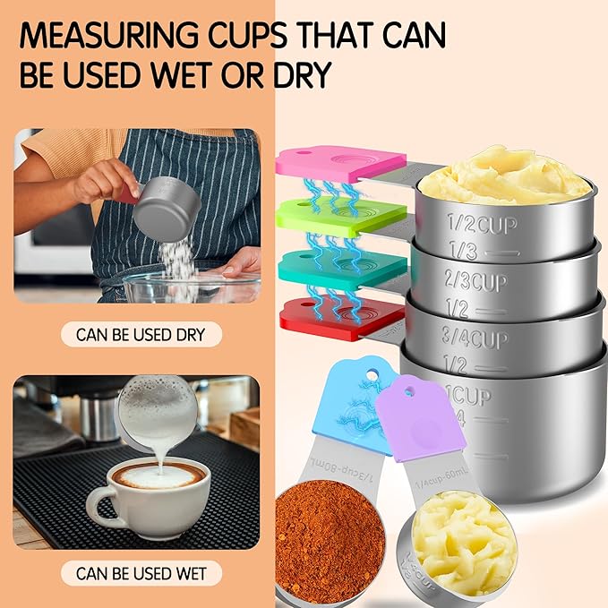 Minteem Magnetic Measuring Cups, 6 Stainless Steel Nesting Measuring Cup Set for Measuring Dry or Liquid Ingredients