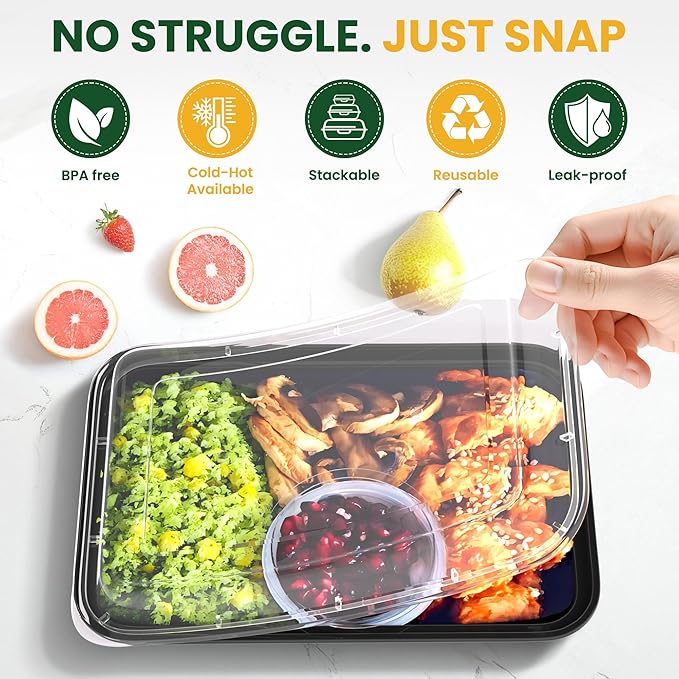Geisoun 32oz Meal Prep Containers [50-Pack], Reusable Bento Box with Easy-Snap Leakproof Lids - Microwave, Dishwasher & Freezer Safe Food Storage, BPA-Free Plastic Lunch Containers (Black)
