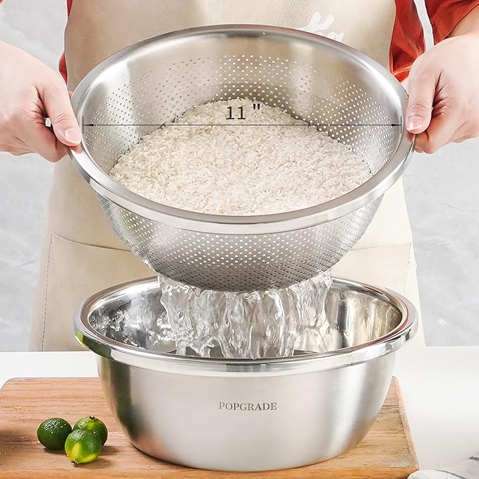 POPGRADE 304 Stainless Steel Colander 5QT Microporous Colander & Large Bowl for Kitchen,Rice Strainer with Salad Mixing Bowl for Pasta Straining,Fruit Washing,Vegetable Draining,Food Mixing(2PCs)