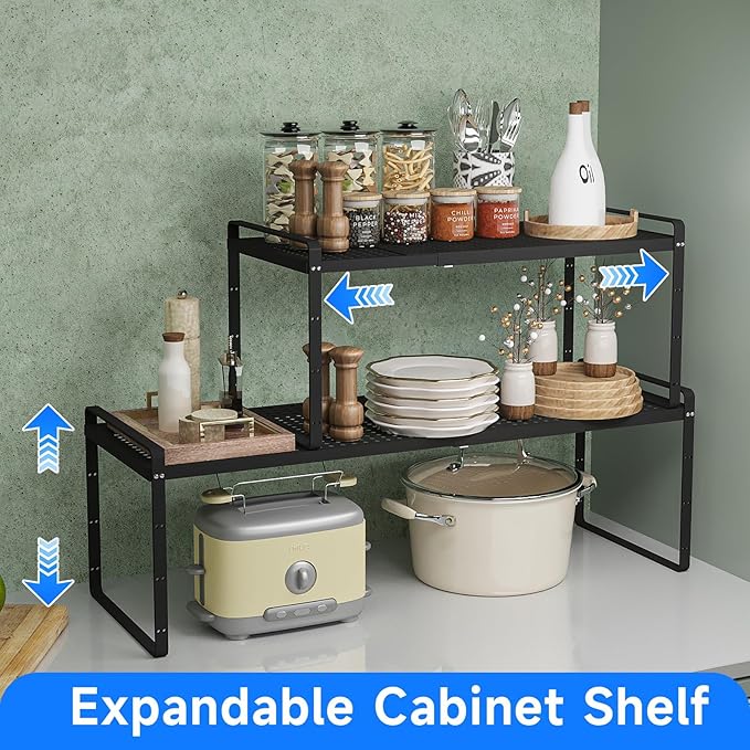 KIKIBRO Expandable Kitchen Shelf Organizers, Kitchen Cabinet Organizer Stand Rack Organization for Countertop Office Desktop, Black 2 Pack
