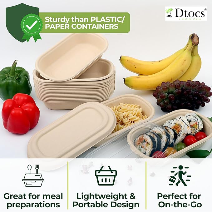 Dtocs Bamboo Fiber Meal Prep Containers with Lids 28 Oz, 50 Pcs | Bagasse Like Bamboo Disposable Container | Microwavable Lunch, Salad, To Go Meal Box | Alternative to Paper, Plastic Food Containers