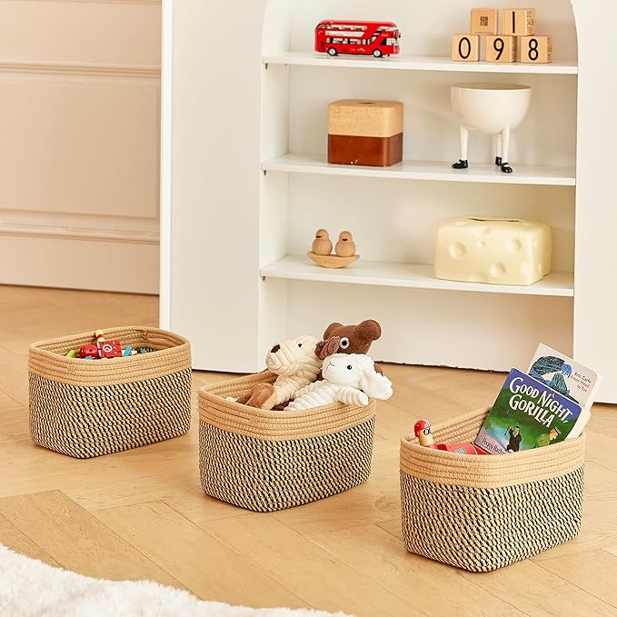 R RUNKA Small Cotton Rope Basket – Storage Bin for Organizing (10.6" x 6.7" x 6.7"), Bathroom Storage Basket for Shelf, Counter & Closet（Camel & Mixed Black）