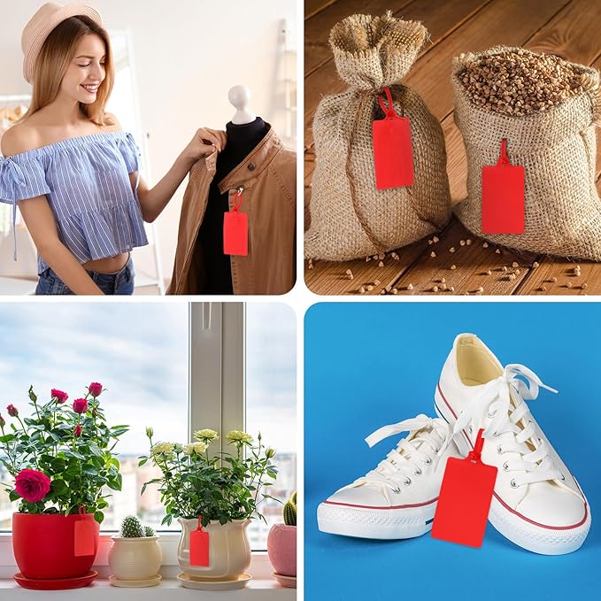 Chunful 500 Pcs Blank Plastic Tags Shipping Tags 3.94"x 2.36" Waterproof Sealing Shipping Labels Bulk Writable Hanging Tag Ties Sealing Strap Reusable Mark Labels for Keys Luggage Logistic(Red)