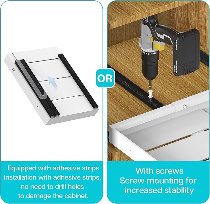 Expandable Pull Out Cabinet Organizer 17" Deep, Adhesive Pull Out Drawers For Cabinets 13.4"W - 19.7"W，No Drill Pull Out Cabinet Organizer Expandable, Expandablet Drawer For Kitchen, Pantry, Bathroom