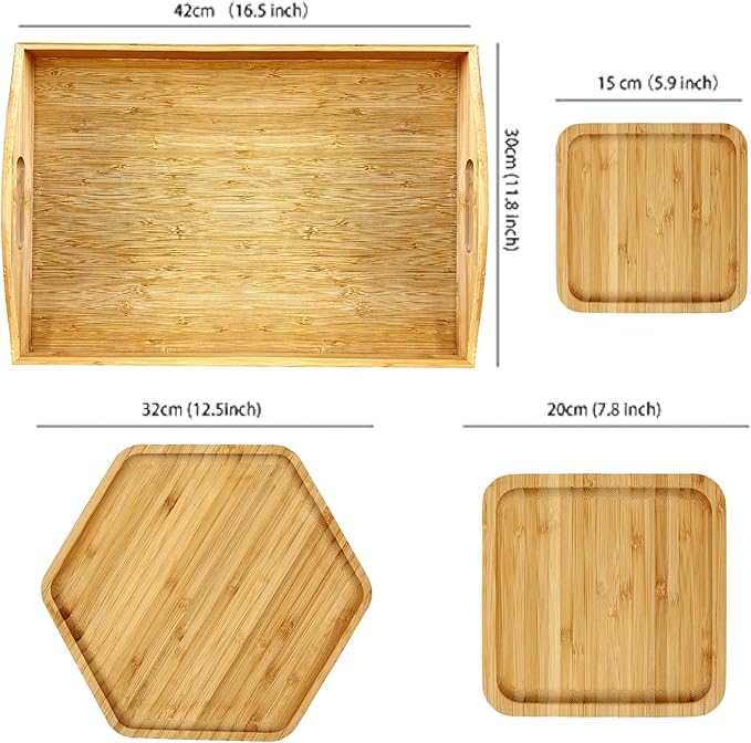PAFREWOG Bamboo Serving Trays Charcuterie Platter 16.5"x11.8"（42x30cm with Handle, Set Includes 1xHexagon 12.5"(32cm)+1xSquare 7.8"(20cm)+1xSquare 5.9"(15cm) Small Plates for Family Dinner