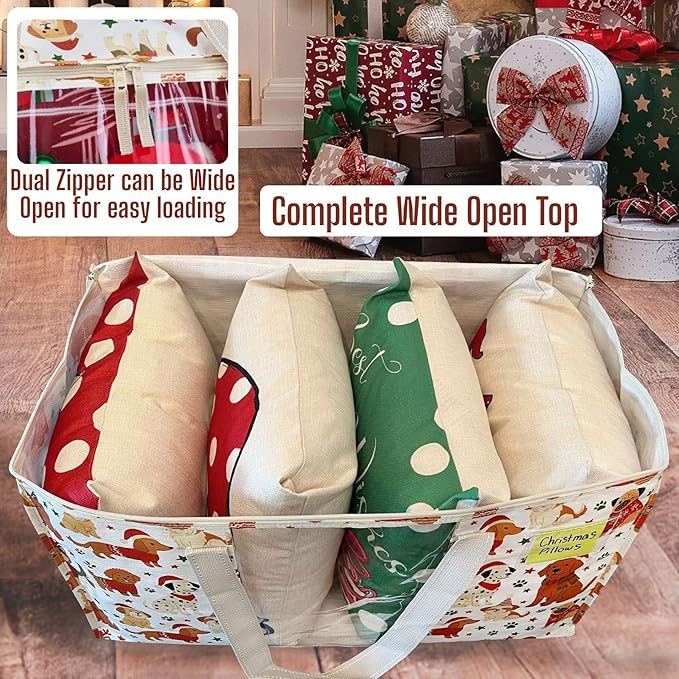 VENO 2 Pack Moving Bags, Large Christmas Storage Bins with lids, Packing Supplies for College, Alternative to Moving Boxes, Foldable, Heavy-Duty Tote, Christmas Pattern (Holiday Pups, 2 Pack)