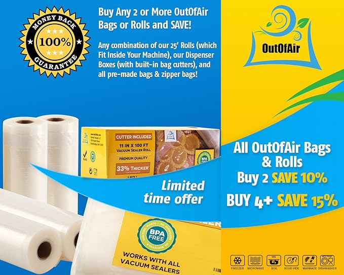 OutOfAir Vacuum Sealer Rolls - 11” x 25’ (4 Pack, 100ft) - Heavy-Duty, 33% Thicker, BPA-Free, Works with FoodSaver, Weston, Anova & More - Food Storage, Sous Vide, Freezer, Microwave & Boil Safe