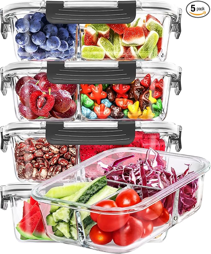 Skroam 5-Packs 36OZ Glass Airtight Food Storage Containers 3 Compartments, Meal Prep Container Set with Lids for Pantry Kitchen Organizers and Storage, BPA Free Glass Lunch Boxes Bento