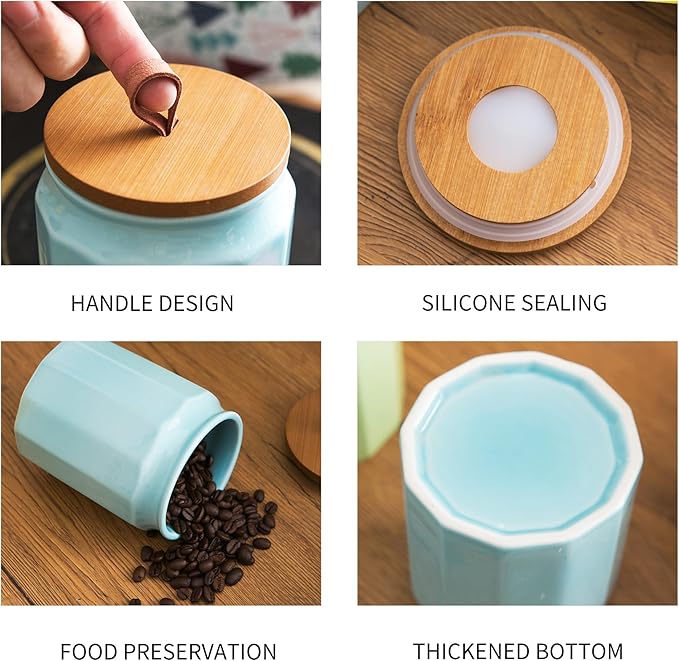 Canister Sets for Kitchen, Set of 4 Ceramic Kitchen Canisters for Countertop with Airtight Wood Lids, Large Flour and Sugar Containers for Coffee, Tea, Spice