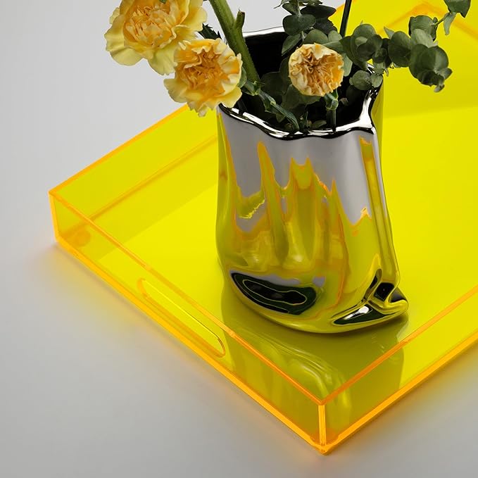 ATZYmolin 16"x12" Large Acrylic Serving Tray Decorative Ottoman Coffee Table Vanity Tray Tea Fruit Platter Snack Appetizer Dessert Drink with Handles for Bar Kitchen Party, Neon Yellow