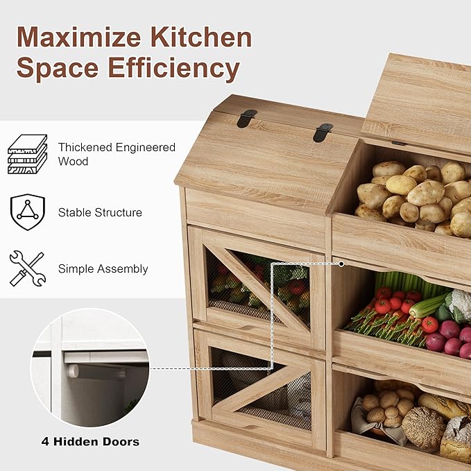 Potato Storage Bin Bread Box W/Lid,Rustic Onion&Fruit Organizer with Wood Hidden Door,Farmhouse Grocery Section Decorative,Vegetable Organization Cabinet W/Mesh Door for Kitchen Dining Room(Natural)