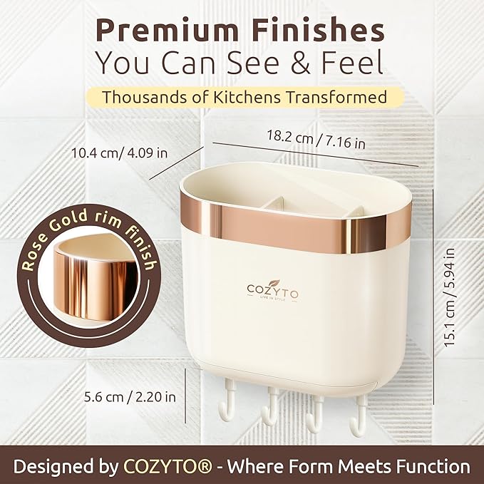 COZYTO LuxTray U1-Pro – Wall Mounted Kitchen Organizer with Hooks, Dividers & Drain Tray, No-Drill Adhesive, BPA-Free – Cream White with Rose Gold or Silver Accent (Cream White & Rose Gold)
