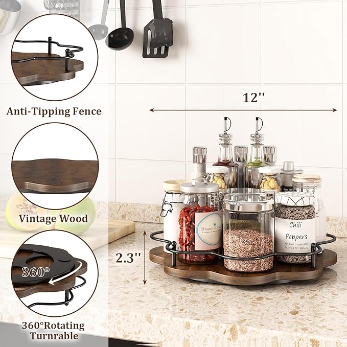 LIAISIMI 12" Lazy Susan Turntable Organizer,Round Wooden Lazy Susan Organization and Rotating Spice Rack for Dining Table,Pantry,Kitchen Countertop,Vanity,Cupboard and More.Vintage Wood(Petal Shape)