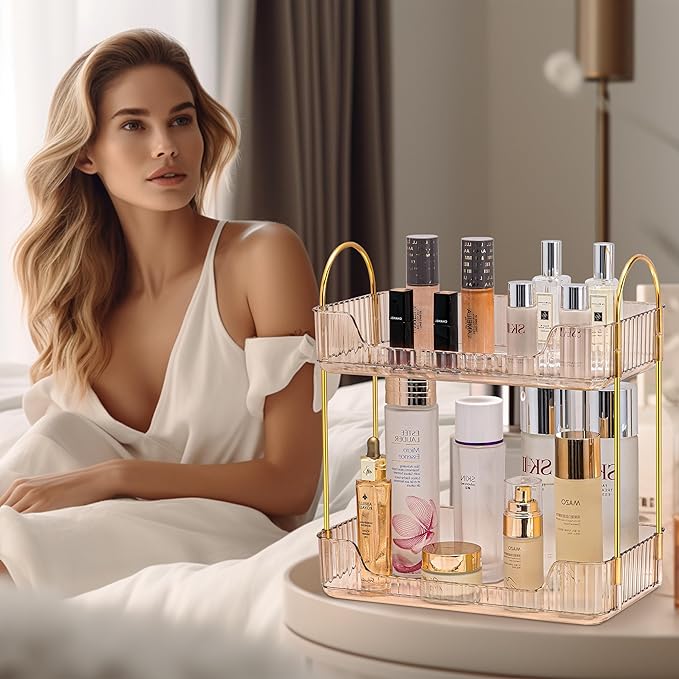 akinbas 2 Tier Bathroom Organizer Countertop Makeup Perfume Tray Skincare Organizer for Bathroom Dresser Vanity (Gold)