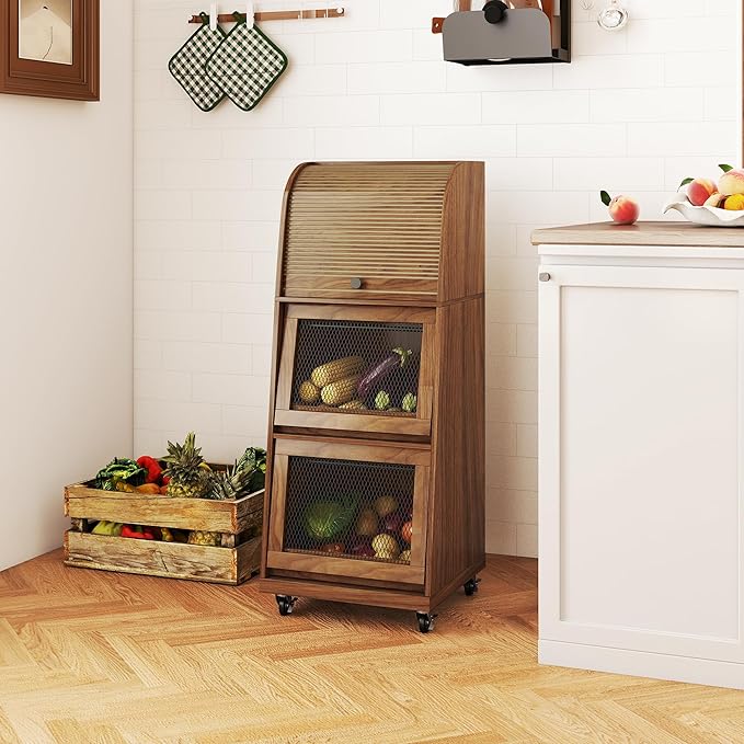 Movable Potato and Onion Storage Bins Box, Mid Century Modern Fruit and Vegetable Basket Storage with Sliding Door and Wheels, Food Kitchen Pantry Cabinet, Wooden Bread Storage, Walnut, Flip-top