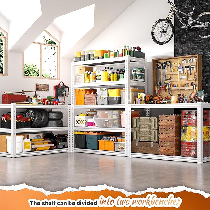 REIBII 5 Tier Storage Shelves, 2500LBS Adjustable Metal Shelving Unit, White Shelves for Pantry, Kitchen, Garage, Warehouse, 65.74" H x 33.85" W x 15.35" D, White