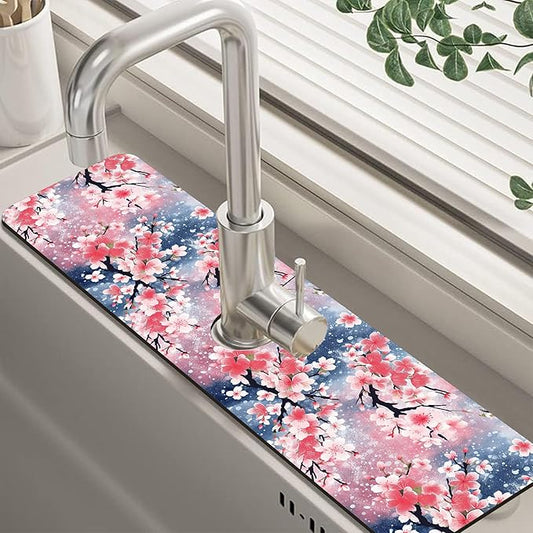 Japanese Pink Cherry Blossoms Dish Drying Mat for Kitchen Sink Splash Guard Behind Faucet Sink Mat Absorbent Fast Drying Faucet Draining Mat for Bathroom Kitchen 5.5"×24"