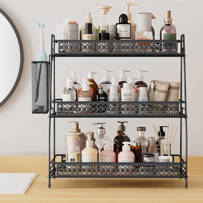 SILUB Vintage 3 Tier Spice Rack Organizer for Kitchen Counter, Bathroom Counter Organizer with Bonus Basket, 3 Tier Bathroom Counter Organizer for Spices Makeup Perfumes, Retro Countertop Organizer