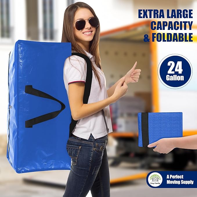 Cosy Family 8 Pack Heavy Duty Extra Large Moving Bags with Backpack Straps - Strong Handles & Zippers, Storage Totes For Space Saving, Fold Flat, Alternative to Moving Box (Set of 8, Multicolored)