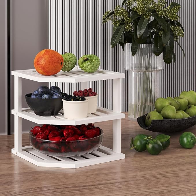 VERTORGAN 3 Tier Bamboo Corner Shelf(4 Pack),Dish Drying Rack,Plate Organizer,Kitchen Spice Rack for Countertop and Cabinet(White)
