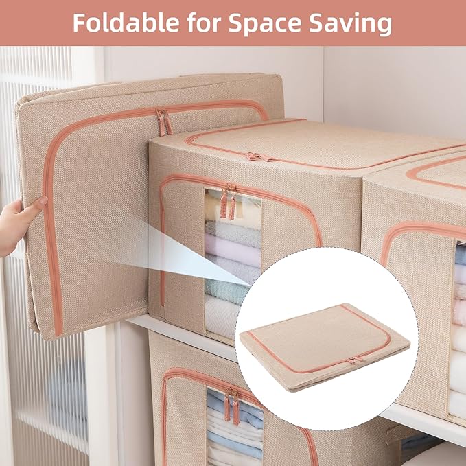 GuliPostan 3 Pack 66L Stackable Clothes Storage Bins with Metal Frame Handles & Zipper, Collapsible Closet Organizer Box with Lid for Bedding Blankets Towel (Beige)