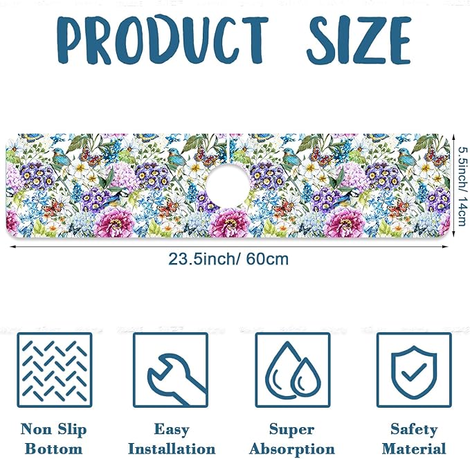 Beautiful Floral Sink Splash Guard Flower Bird Butterfly Faucet Absorbing Mat Fast Drying Mat Sink Gadgets Splash Guard Behind Faucet Drip Catcher for Kitchen Bathroom, 23.5"x5.5"