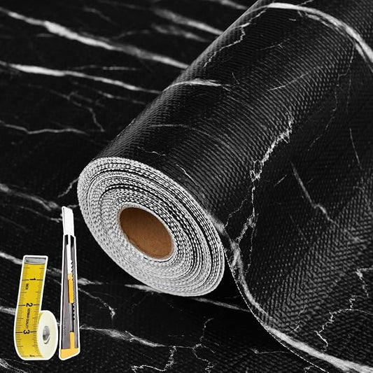 Drawer and Shelf Liner for Kitchen Cabinet: 12 in X 20 Ft Non Slip Waterproof Shelf Paper Non Adhesive Refrigerator Liners Black Marble Easy Liners for Bathroom with Knife Tape Measure