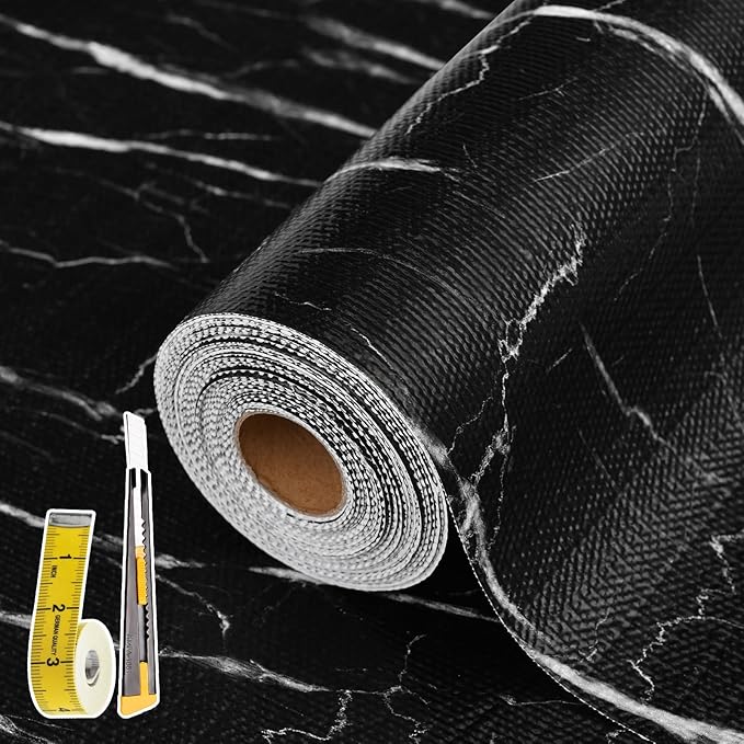 Drawer and Shelf Liner for Kitchen Cabinet: 17 in X 20 Ft Non Slip Waterproof Shelf Paper Non Adhesive Refrigerator Liners Black Marble Easy Liners for Bathroom with Knife Tape Measure
