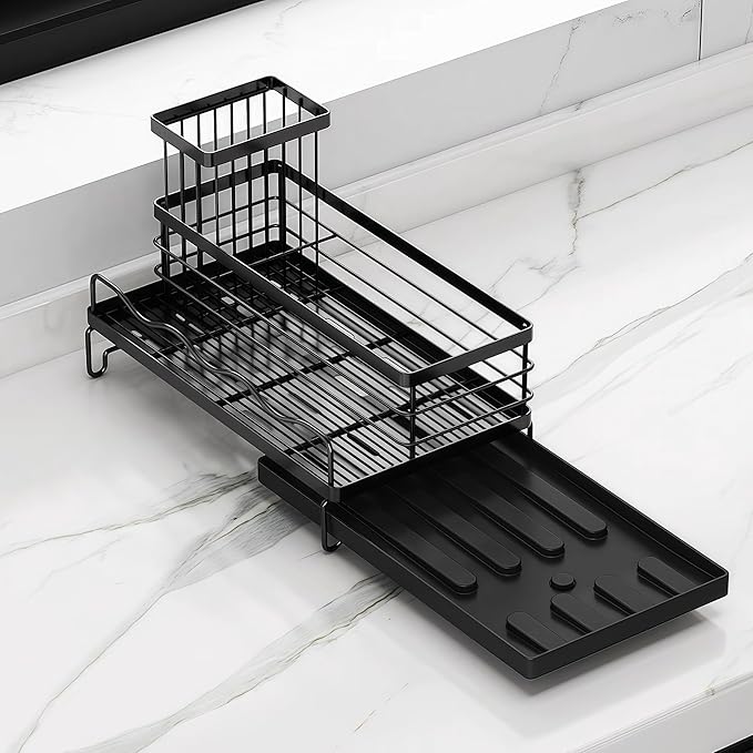 KINGBERW Large Sponge Holder for Kitchen Sink, Auto Draining Sponge Sink Caddy Organizer with Brush Holder, Kitchen Countertop Organizers and Storage Essentials, Black
