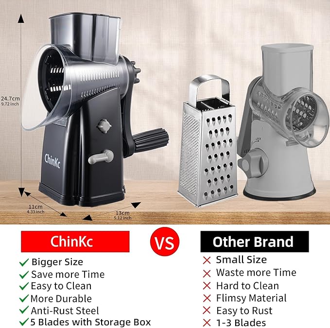 ChinKc Upgrade Rotary Cheese Grater Shredder with Handle, Strong Suction Base, Multi-purpose Rotary Grater Slicer with 5 Interchangeable Blades for Ice, Vegetables, Fruit, Nuts with Blade Storage Box