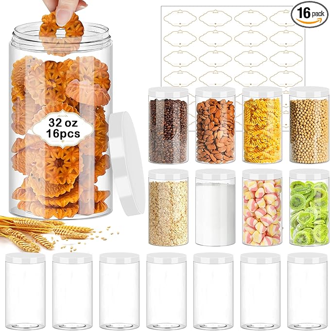 32 OZ Plastic Jars,16 Pcs Clear Plastic Jars with White Lids Round Empty Storage Jar Wide Mouth Refillable Storage Container with Lids for Household and Kitchen Food Organizing