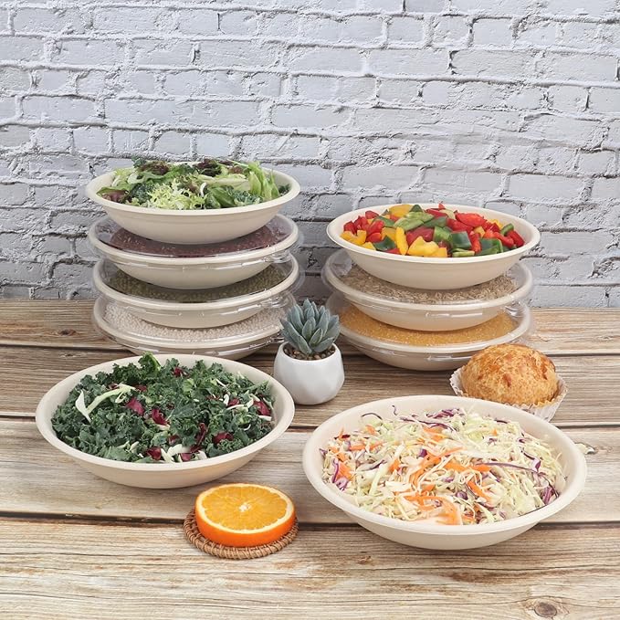 JAYEEY 24 oz Round Disposable salad bowls with lids,Sugarcane Paper Bowls take away food containers Bagasse Plant Fibers 50 Pack