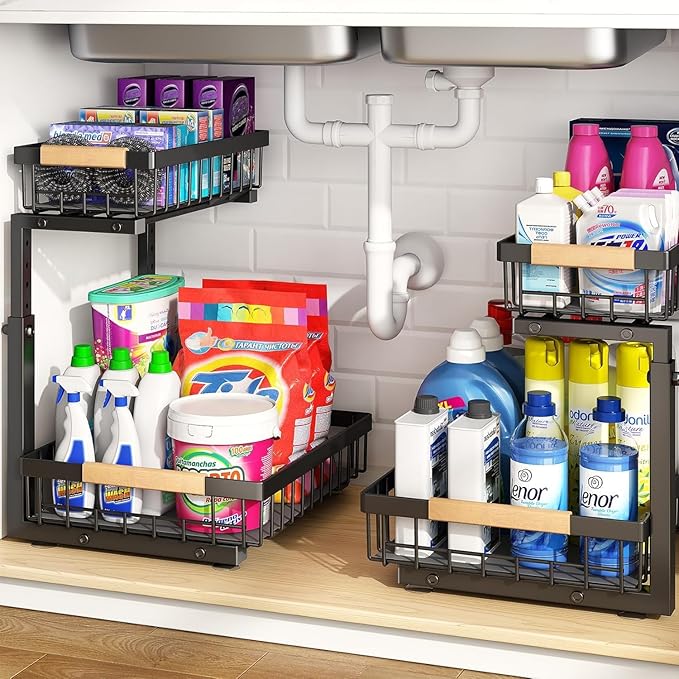 PXRACK(Small Version)2 Pack Under Sink Organizer,Adjustable Height,2 Tier Pull Out Under Cabinet Organizer,Slide Out Thickened Metal Storage Shelf for Kitchen Bathroom Laundry Pantry Cabinet,Black