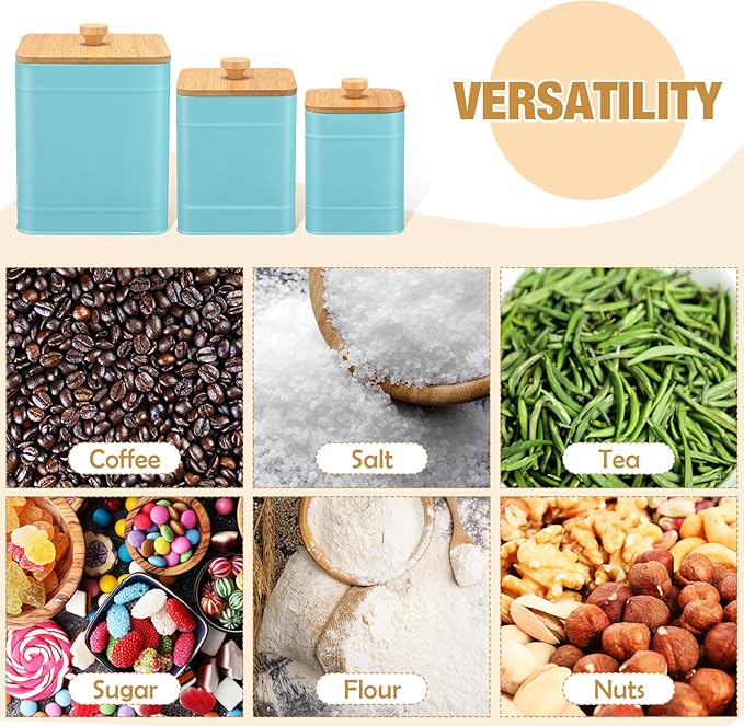 Tioncy Kitchen Canisters for Countertop Set of 3 Metal Canisters Sets with Bamboo Lids Spoon Airtight High Capacity Coffee Tea Sugar Flour Jars with DIY Labels Farmhouse Food Storage(Turquoise,L,M,S)