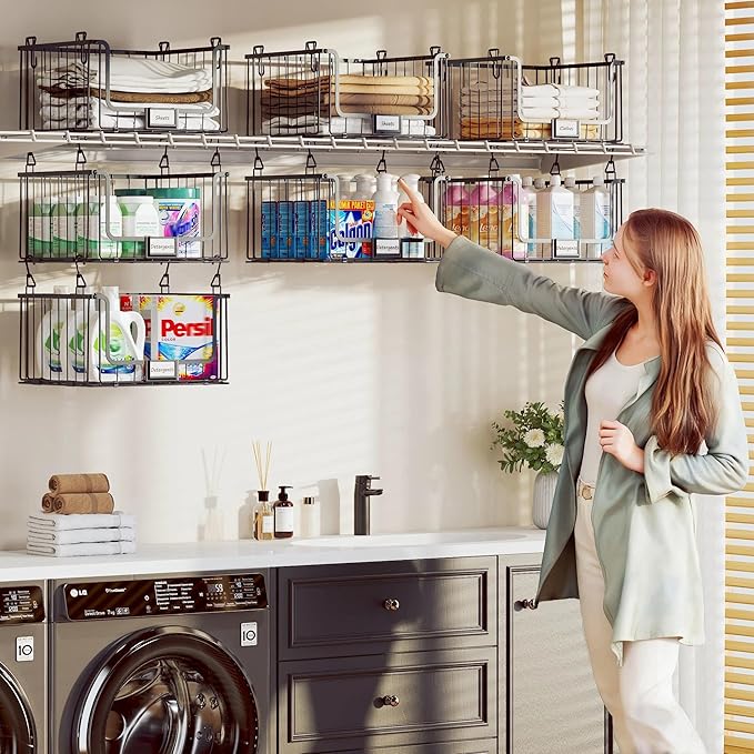 5-Tier Hanging Laundry Room Organizer with Label Cards,Foldable Wire Shelf Basket with 4 Rotating Hooks,Stacked Laundry Basket Organizer,Storage Rack for Laundry Rooms,Closet and Pantry-Black