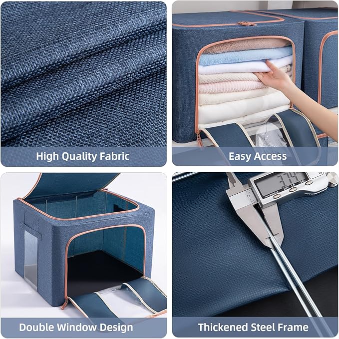 GuliPostan 3 Pack 100L Stackable Clothes Storage Bins with Metal Frame Handles & Zipper, Collapsible Closet Organizer Box with Lid for Bedding Blankets Towel (Navy)