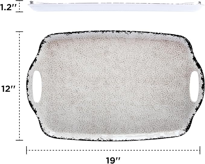 TP Large Serving Trays with Handles, 19" x 12" Melamine Serving Platters for Food, Turkey, Set of 2 Rectangular Trays for Party, Rustic White