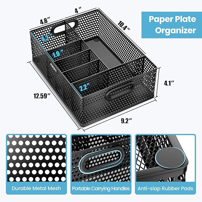 NUTUNI Paper Plate Organizer for Countertop, Perforated Metal Silverware Caddy for Plastic Spoon, Napkin, Utensils Holder with 6 Compartments for Party, Camping, Picnic