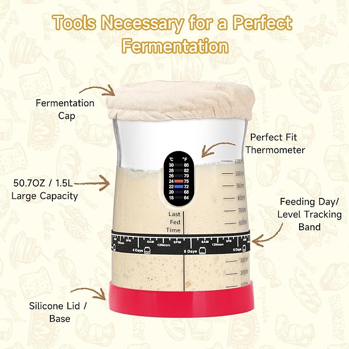 Coco Bird Pro Sourdough Starter Kit- 50oz Large Capacity Sourdough Starter Jar, 17 Flavorful Fermentation Recipes, Sourdough Bread Baking Supplies for Making Delicious Sourdough Breads(Red, 2Set)