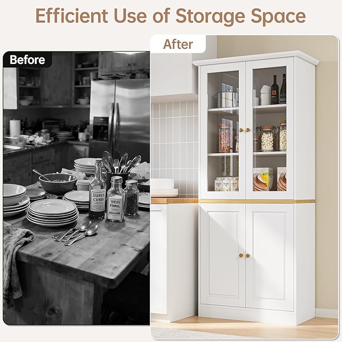 71" Kitchen Pantry Cabinet with Glass Doors, Modern Coffee Bar Storage Cabinet with Adjustable Shelves & Wooden Doors, Freestanding Cupboard for Dining Room or Living Room, White