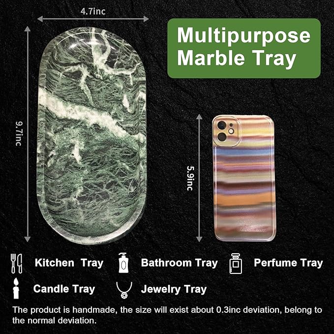 SWRONP Marble Tray for Kitchen Counter,Stone Tray for Bathroom Countertop,Dresser Vanity Decor Tray,Storage Trays for Perfumes,Candles,Jewelry (Dark Green)