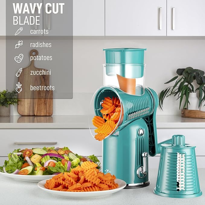 Zulay Kitchen Rotary Cheese Grater 5 Blade Cheese Shredder - Manual Hand Crank Cheese Grater With Reinforced Suction & 5 Interchangeable Drums - Easy to Use, Vegetable Chopper Round Mandoline Slicer