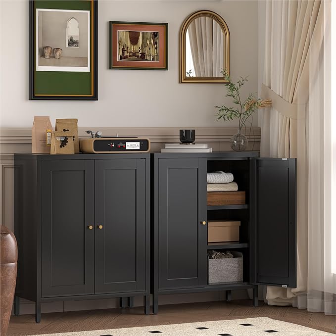 YAUWOH Small Metal Cabinet,Bathroom Storage Cabinet with 2 Adjustable Shelves and 2 Doors,Freestanding Sideboard for Small Spaces, Living Room, Home Office, Dining Room(1PC,Black)