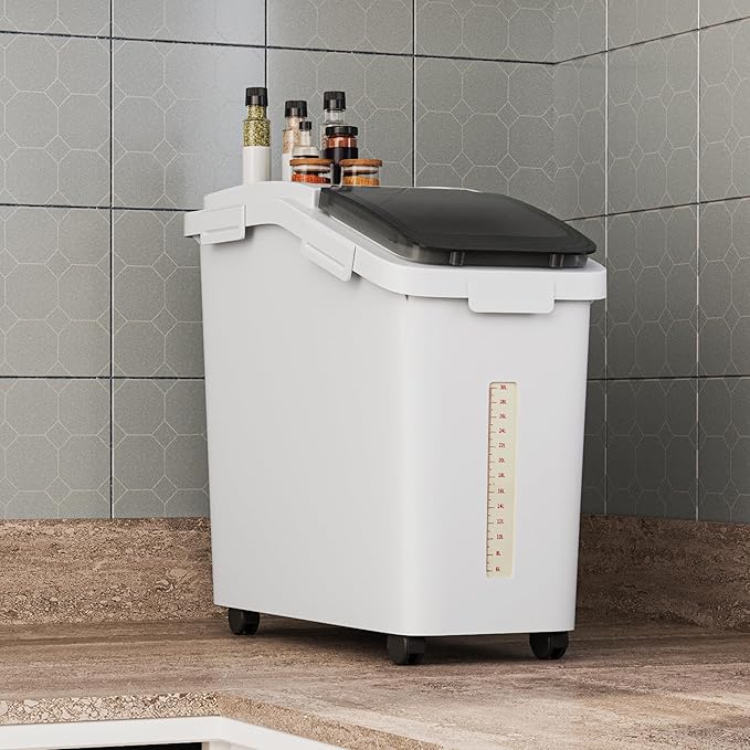 DWVO Large Ingredient Storage Bins, 11.4-Gallon Flour Rice Food storage Containers Bins with Wheels, Scoop and Airtight Lid for Dry Food, Flour, Cereal Grain, Sugar, White