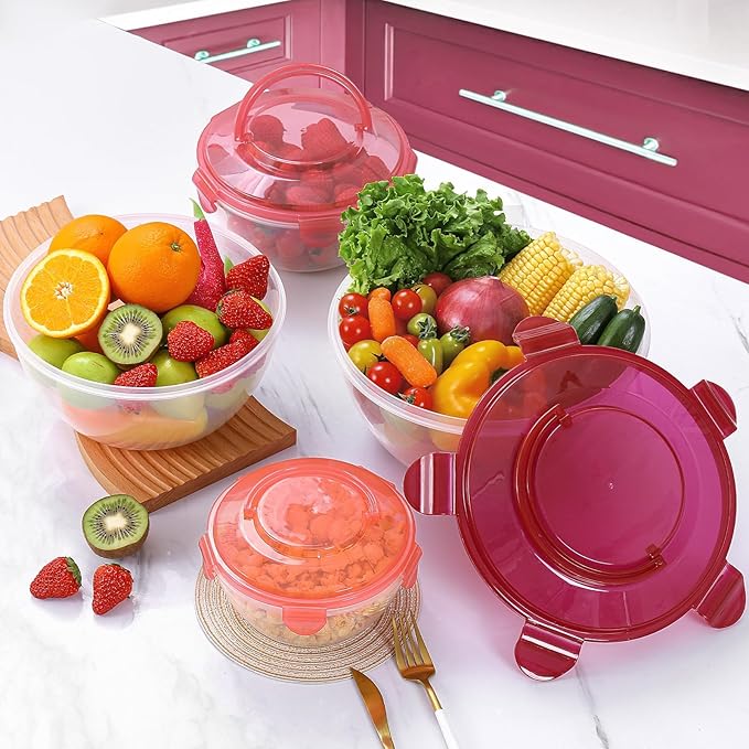 LUXEAR 4-Piece Mixing Bowls with Lids Set - Airtight Leakproof Storage Bowls with Handle for Fridge & Outdoor Picnics, BPA-Free Meal Prep Bowls Dishwasher Safe for Cooking Mixing Serving Storing