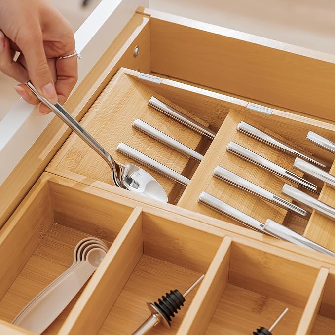 KitchenEdge Premium Cutlery, Flatware, and Silverware Drawer Organizer – Slanted 3-Compartment Design with Labeled Slots, Non-Slip Feet, 100% Sustainable Bamboo
